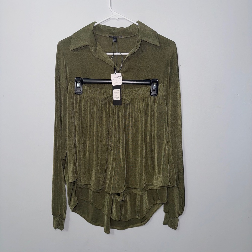 Fashion Nova Olive Green Sabrina Slinky Two Pc Button Down Long Sleeve & Shorts